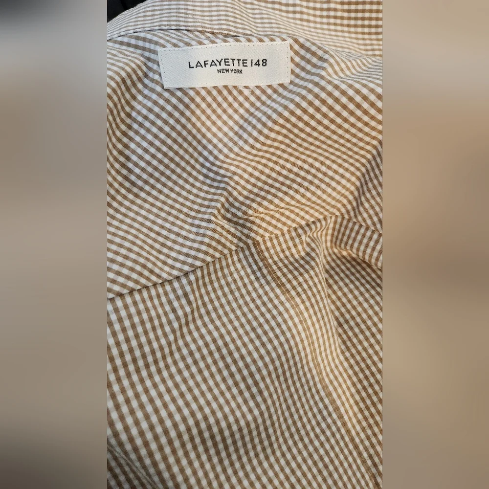 Women's Lafayette 148 Brown/Tan Striped Button Down Shirt, size M - Picture 2 of 10